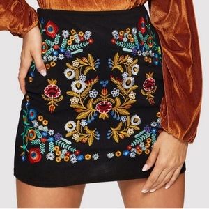 Black Floral Botanical Embroidered Mini Skirt in XS